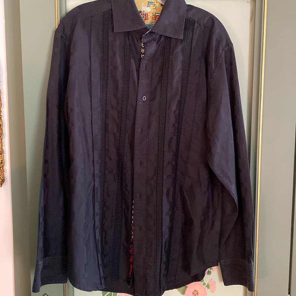 ROBERT GRAHAM Long Sleeve Black Dress Shirt with GEOMETRIC CUFF DETAIL Size L